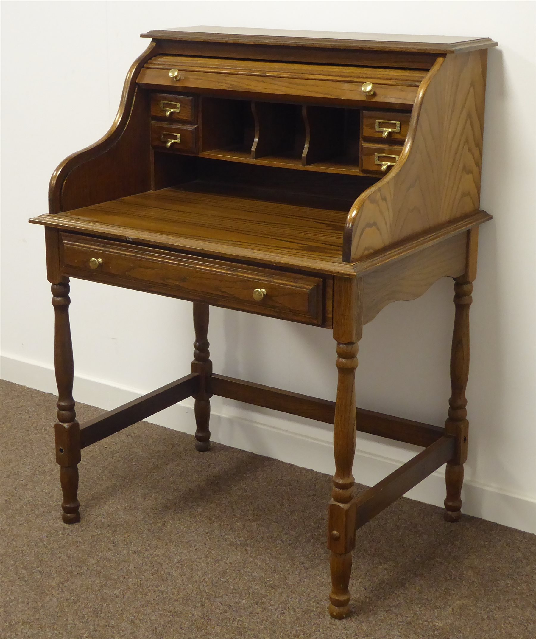 20th Century Oak Tambour Roll Top Desk Interior Fitted With Small
