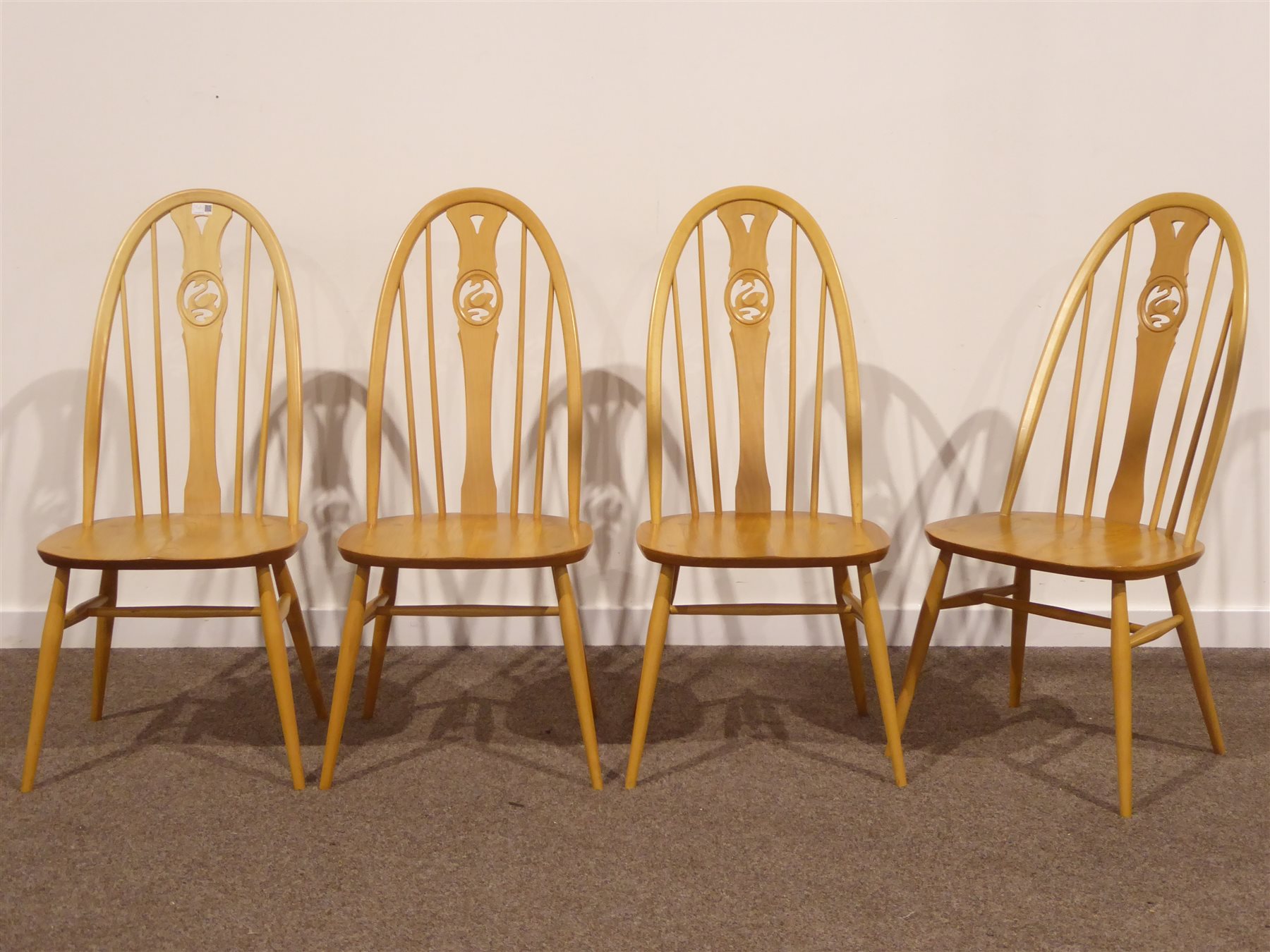 Ercol Set Four Windsor Elm And Beech Dining Chairs With Swan