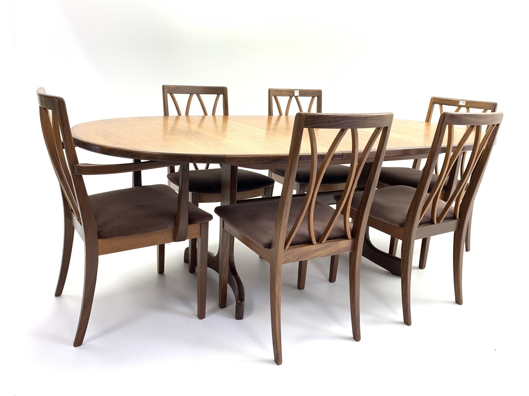 G Plan Mid 20th Century Teak Extending Dining Table With Concealed Folding Leaf 208cm X 107cm H73cm Together With Set Six 4 2 G Plan Teak Upholstered Dining Chairs W57cm Antiques Fine Art