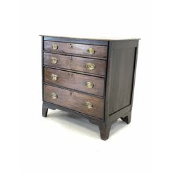 19th century and later oak chest, three long graduated drawers, the sides with pine panels, raised on bracket supports W94cm, H96cm, d56cm