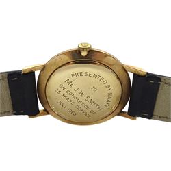 Cyma gentleman's 9ct gold manual wind presentation wristwatch, London 1965, on black leather strap
