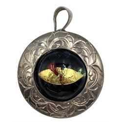 Modern silver pendant, of circular form with central dark blue and gilt enamel domed plaque, within an engraved foliate silver border, hallmarked Jon Braganza, London 2018, D4.2cm