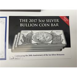 'The 2017 5oz Silver Bullion Coin Bar', formed from a Queen Elizabeth II 2017 one ounce fine silver Britannia surrounded by a Baird and Co four ounce fine silver ingot, cased with certificate