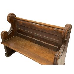 Victorian oak church pew, scrolled and moulded end supports on sledge feet, one end carved with tree and foliate motifs