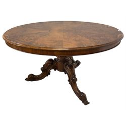 Victorian figured walnut loo table, oval bookmatch veneer top with banded frieze, baluster pedestal with lobe carving, cabriole tripod base carved and moulded with flower head and C-scrolls
