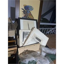 Collection of assorted pictures to include original watercolours and oils, prints, engravings and etchings, in four boxes 