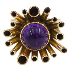 9ct gold amethyst contemporary ring, round cabochon amethyst, with stepped tubular design setting and split shank, makers mark JK, London 1971