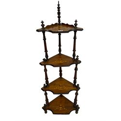 Late 19th century inlaid mahogany four tier corner whatnot, the tiers with shaped fronts and inlaid with satinwood and ebony urns, the uprights and supports turned and carved with rope-twists