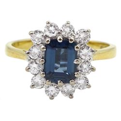 18ct gold emerald cut sapphire and round brilliant cut diamond cluster ring, London 1986