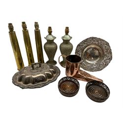 Copper shoe shape ale muller inscribed 'The Kings Arms', three brass shell case table lamps, white metal dish with pierced border, pair of plated coasters etc