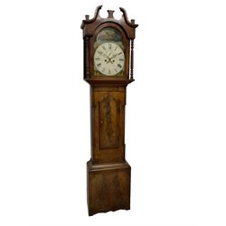 19th century - figured mahogany 8-day longcase clock c1850, with a swans neck pediment and break arch hood door, rope twist pilasters and confirming recessed columns to the trunk, wavy topped trunk door and broad square plinth, fully painted dial with roman numerals, seconds dial and calendar aperture, dial pinned via a false plate to a rack striking movement, striking the hours on a bell. With weights and pendulum.
