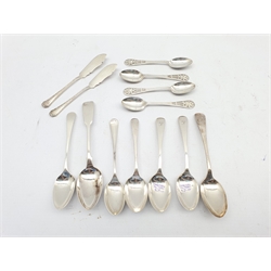 Set of four silver teaspoons with pierced handles by Thomas Bradbury & Sons, Sheffield 1925. pair of silver butter knives, silver teaspoon by John Murray, Glasgow 1846 and five other silver teaspoons