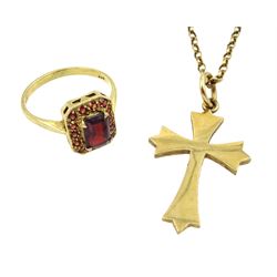 Gold garnet cluster ring and a gold cross pendant necklace, both hallmarked 9ct 