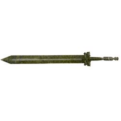 Oriental green hardstone ornamental sword with cross guard and figure carved hilt L59cm