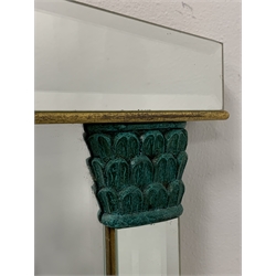 Upright over mantel wall mirror of classical design, with bevelled edged plates, (60cm x 90cm) together with an upright wall mirror in suede covered frame (43cm x 109cm) and an oval gilt framed wall mirror with leaf moulded details, (49cm x 80cm)