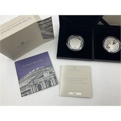 Two The Royal Mint United Kingdom 2021 silver proof piedfort five pound coins, comprising 'Alfred the Great' and 'The 150th Anniversary of the Royal Albert Hall', both cased with certificates (2)