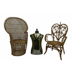 Vintage mid 20th century split cane peacock chair with high back and cylindrical base, together with another vintage wicker chair and a painted dress makers male manakin torso 