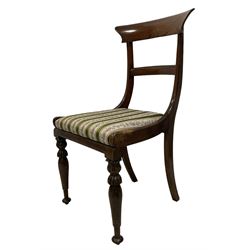 Set of four 19th century rosewood bar-back dining chairs, striped upholstered drop-in seats, on foliate carved and turned supports