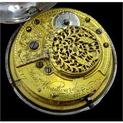 George III silver pair cased verge fusee pocket watch by Thomas Woodward, London, No. 517, white enamel dial with Roman numerals and subsidereary seconds dial one other by Joseph Newton, Liverpool, No. 175, both with bulls eye glasses