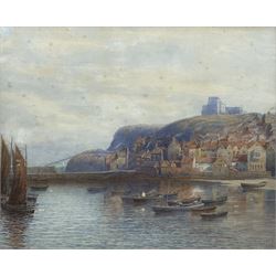 John Pearson (British ?-1921): Whitby Fishing Boats in Harbour, watercolour signed 49cm x 60cm
Notes: Pearson who lived at Moldgreen was a founder member and past president of the Huddersfield Art Society