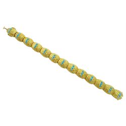 18ct gold turquoise bracelet, each textured link set with three cabochon turquoise stones, stamped