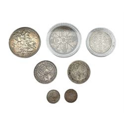 Queen Victoria Gothic florin, 1887 double florin, 1892 crown, two threepence pieces and two florin coins dated 1894 and 1898 (7)
