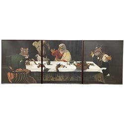 After Michelangelo Merisi da Caravaggio (Italian 1573-1609): 'The Supper at Emmaus' with anthropomorphic figures and allegorical still life at table, triptych set three oils on canvas unsigned each 186cm x 151cm (3)