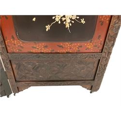 Japanese carved and lacquered hardwood two fold screen, pierced and carved pediment with birds and foliate decoration, central panels decorated with Shibayama design moulding depicting birds and trees, on castors, each panel 86cm x 183cm