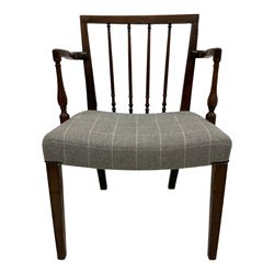 George III mahogany open elbow chair, turned spindle back supports, the seat upholstered in Harris Tweed chequered grey fabric, on square tapering supports