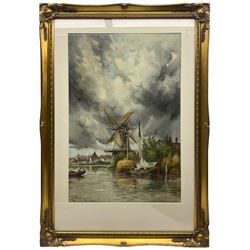 Louis Van Staaten (Dutch 1836-1909): Dutch Waterways with Windmills, pair watercolours signed 59cm x 40cm (2)