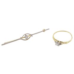 Early 20th century gold and palladium single stone old cut diamond bar brooch, diamond approx 0.10ct and a 14ct gold single stone diamond ring, stamped