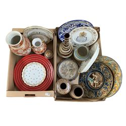 Austrian majolica charger by Gebruder Schutz, Japanese Kutani vase, Copelands porcelain plate, vases, chargers etc in two boxes 