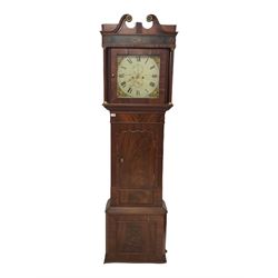 An eight-day mahogany veneered longcase clock retailed by a member of the 19th century Hougton family of Ormskirk clockmakers, hood with a swans neck pediment and  a Verre Eglomise panel beneath, square hood door flanked by two plain pillars with brass capitals, trunk with reeded cluster columns to the corners, half-length trunk door with a twin spire wavy top, plinth with canted corners and applied moulding to the front and base, square 14” painted dial with broad Roman numerals, minute markers and matching stamped hands, identically painted spandrels to the corners, subsidiary seconds and date dials with matching brass hands, dial inscribed “Houghton Ormskirk” pinned via a Wilson falseplate to a weight driven rack striking movement, striking the hours on a cast bell. With pendulum and flat weights.
Stephen Houghton & Son are recorded as working in Moor Street, Ormskirk (Lancs) in 1824



