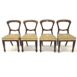 Set four Victorian mahogany dining chairs, with gold coloured floral damask upholstery raised on turned front supports W45cm