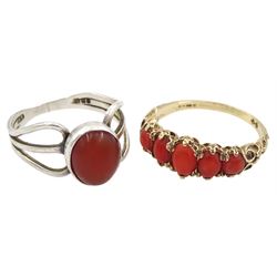 9ct gold five stone graduating coral ring and a silver stone set ring, both hallmarked 