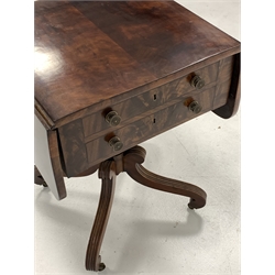 Georgian design mahogany drop leaf occasional table fitted with two drawers opposite two faux drawers, raised on turned column and four reeded 'S' scroll supports terminating in brass castors, 