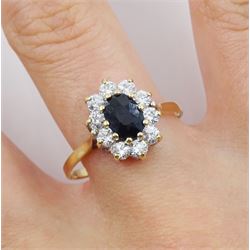 9ct gold oval sapphire and cubic zirconia cluster ring, hallmarked