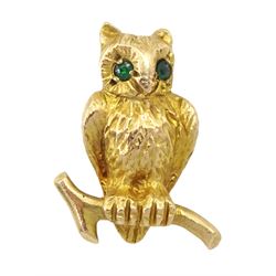 9ct gold owl charm/pendant, with green stone set eyes, hallmarked