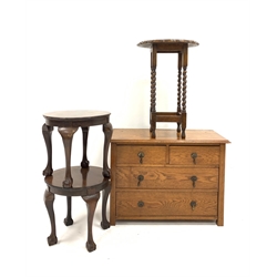 Small early 20th century oak chest fitted with two short and two long drawers, raised on stile supports (W90cm) together with a pair of Queen Anne style walnut lamp tables, raised on cabriole support with ball and claw feet (D45cm) and a oak occasional table raised on spiral turned supports, (D48cm)