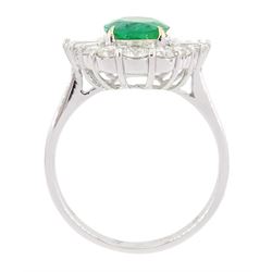 18ct white gold oval cut emerald, round brilliant cut and tapered baguette cut diamond ring, stamped 750, emerald 1.41 carat, total diamond weight 0.82 carat, with World Gemological Institute report