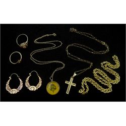 Collection of 9ct gold jewellery including rope twist necklace, Princess Diana pendant necklace, pair of hoop earrings, cross pendant necklace and cameo ring