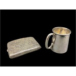Small silver christening mug  by Walker and Hall,  silver cigarette case with engraved decoration marked 'Silver 950',, christening spoon and fork, cased and a silver egg cup and spoon in fitted box 9.7oz