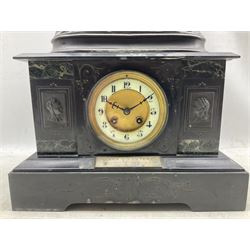 An imposing Belgium slate mantle clock surmounted with a spelter figure of a medieval soldier on horseback, c1890, break front case on a shaped plinth with two facing female portraits in relief and variegated panels of green marble with incised decoration to the front, two-part dial with a gilt centre, Arabic numerals, minute track and steel fleur de Lis hands, cast brass bezel with a flat bevelled glass, dial pinned to a French eight-day striking movement, striking the hours and half hours on a coiled gong. With pendulum.  


