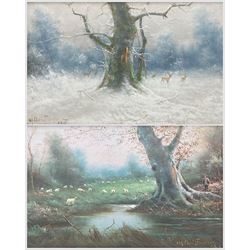 Niels Hans Christiansen (Danish 1850-1922): Deer in Winter Clearing & Shepherd and Flock, pair oils on board signed 24cm x 39cm (2)