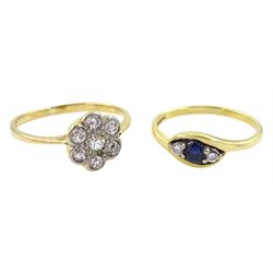 Early 20th century 18ct gold old cut diamond flower head cluster ring and an 18ct gold sapphire and diamond three stone ring, Birmingham 1988