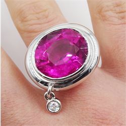 18ct white gold large oval pink tourmaline ring set with suspended round brilliant cut diamond, hallmarked, pink tourmaline approx 18.00 carat