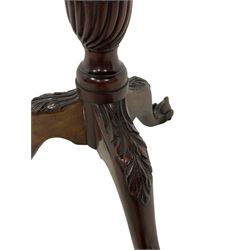 Georgian design mahogany tripod specimen table, the octagonal tilt-top inlaid with segmental wood veneers including walnut, cherry, oak, maple, yew, sycamore, birdseye maple, zebra, myrtle etc. on turned column with twist baluster, three splayed acanthus carved supports with ball and claw feet