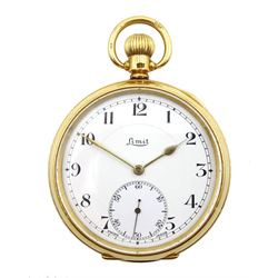18ct gold open face keyless lever, 19 jewels pocket watch by Limit, white enamel dial with Arabic numerals and subsidiary seconds dial, case by Aaron Lufkin Dennison, Birmingham 1945 