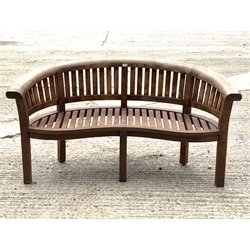 Teak garden bench, curved back and serpentine slatted seat, with seat cushion, W168cm
