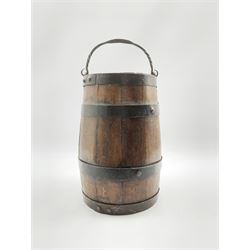 19th Century coopered oak barrel with wrought iron swing handle H34cm